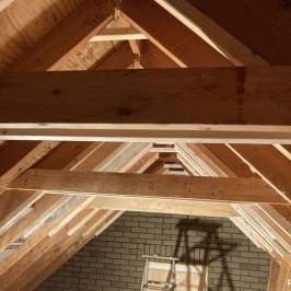 Interior attic with wooden beams, brick wall, and ladder against the wall.